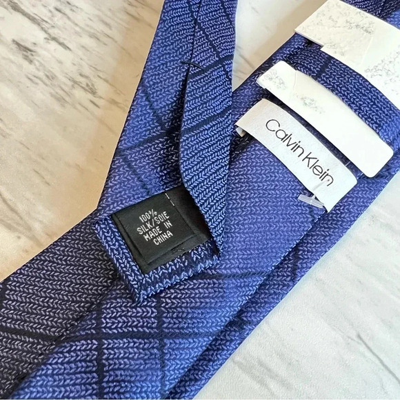 Calvin Klein Neck Tie Blue Woven Knit Plaid Skinny Slim Silk - Picture 4 of 5